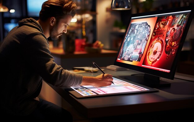 Photo graphic designer working with interactive pen display digital drawing tablet