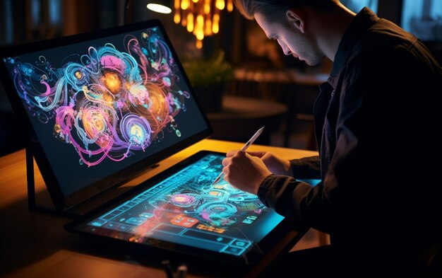 Graphic designer working with interactive pen display digital drawing tablet