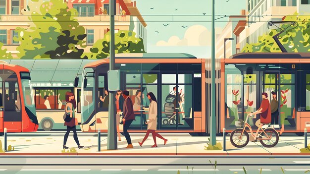 Photo graphic designinspired illustration of city street with trams and people to provide a visually appealing and relevant image for use in projects