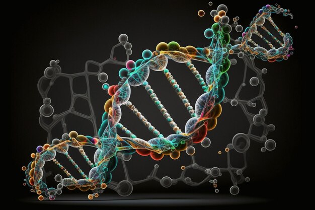 A graphic of a dna strand with a black background.