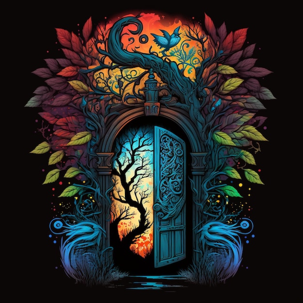 A graphic of a door with a tree and birds on it