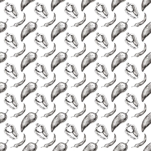 Graphic drawing of pepper on a white background Seamless pattern for textiles Black pen Handwork Paprika and chili