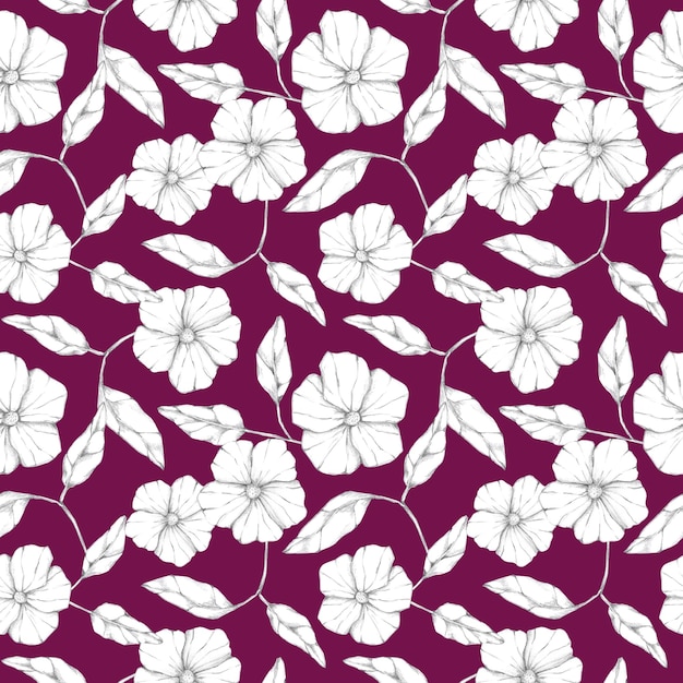 Graphic flowers and leaves seamless pattern on purple Monochrome black white vintage botanical print