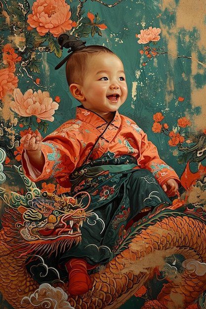 A graphic illustration of a bby riding a dragon of the chinese zodiac