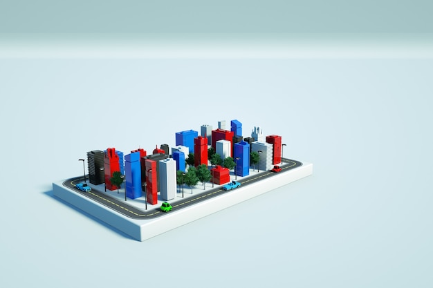 Фото Графическая иллюстрация современных небоскребов на белом изолированном фоне. модели высоких новых домов на белом фоне. красочные небоскребы. 3d графика, вид сверху
