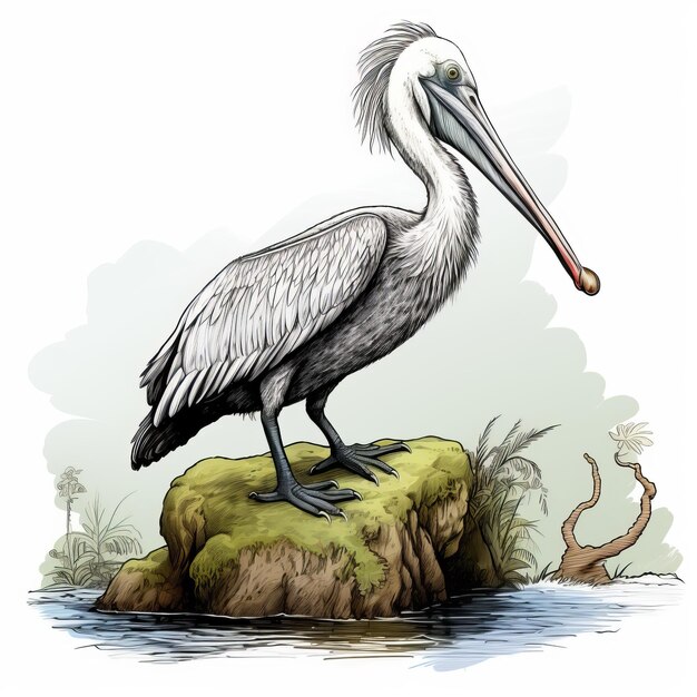 Photo graphic illustration of a pelican standing on moss