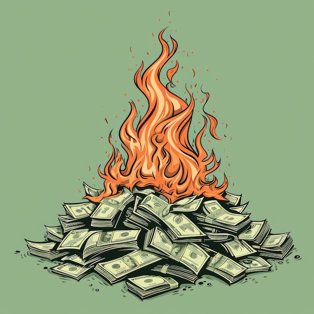 Графическая иллюстрация кучи горящих денег, созданная ИИ.