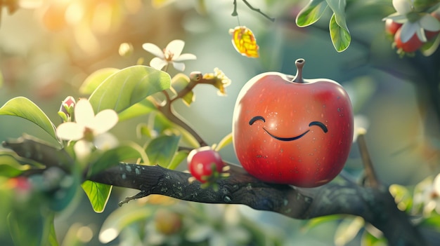 Photo graphic illustration of a red apple with eyes smiling standing on the branch of a tree