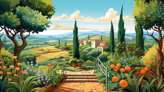 Graphic illustration of a Toscana garden