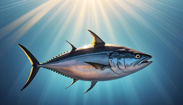 Foto illustrazione grafica di un tonno con la luce solare che filtra attraverso l'acqua sfondo immagini premium