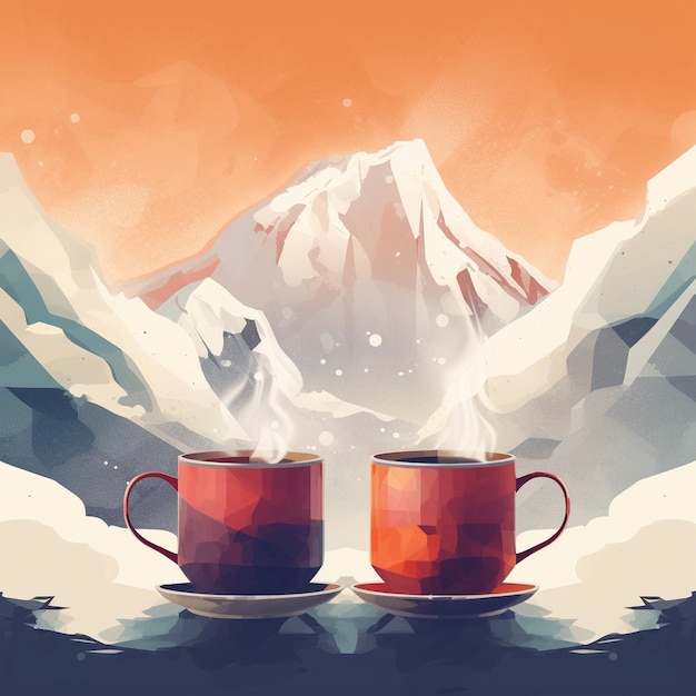 Graphic image of two cups of tea against the background of mountains