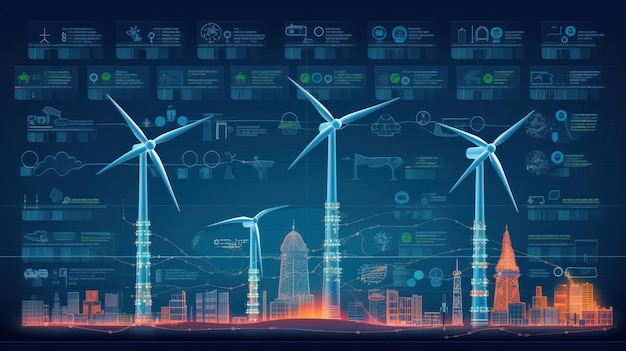 Graphic image of wind generators and diagram of energy production and use on blue background sustain