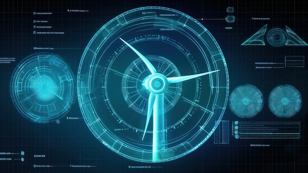 Foto immagine grafica di mulino a vento e diagramma della produzione e dell'uso dell'energia sullo sfondo blu