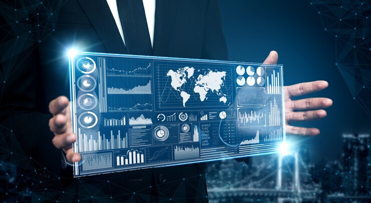 Photo graphic interface showing future computer technology of profit analytic, online marketing research and information report for digital business strategy.