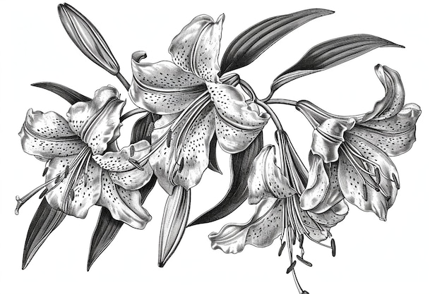 Graphic linear branch of tiger lily flowers in the style of engraving