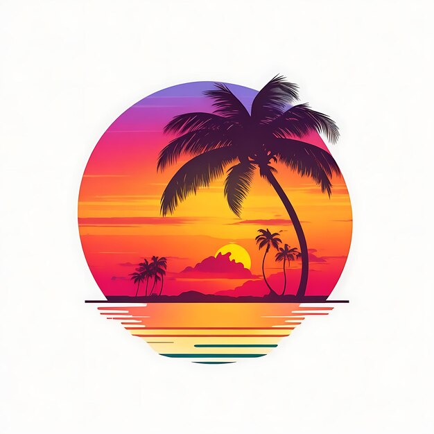 Photo graphic logo illustration hawaiian sunset with palm trees white solid background design