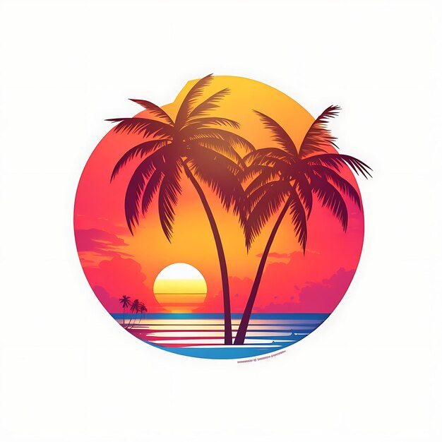 Photo graphic logo illustration hawaiian sunset with palm trees white solid background design