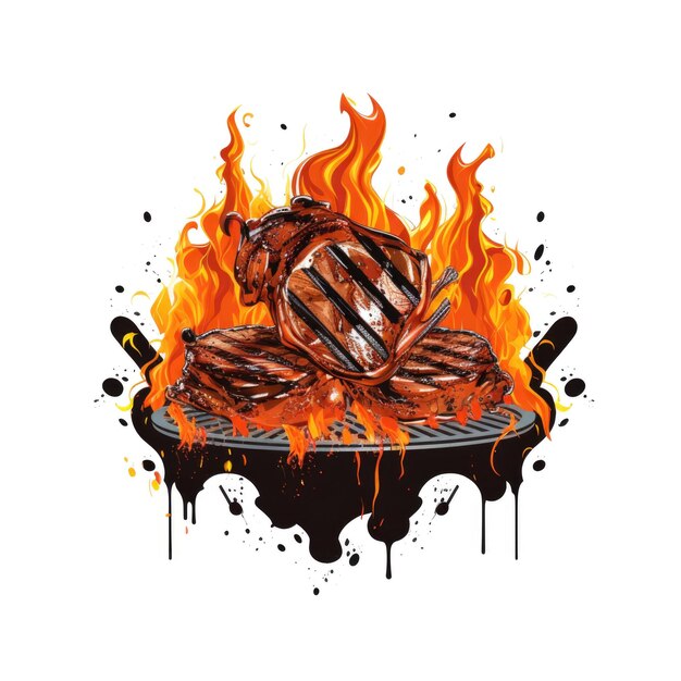 Foto logo grafico di carne alla griglia con fuoco su sfondo bianco disegno bbq