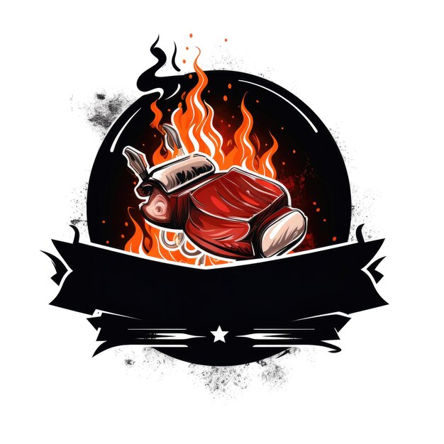 Photo graphic logo of meat on grill with fire on white background