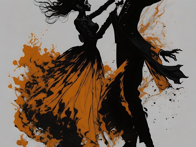 Graphic of Man and Woman in Elegant Waltz Dance AI generative Ink Painting in Black White and Ora