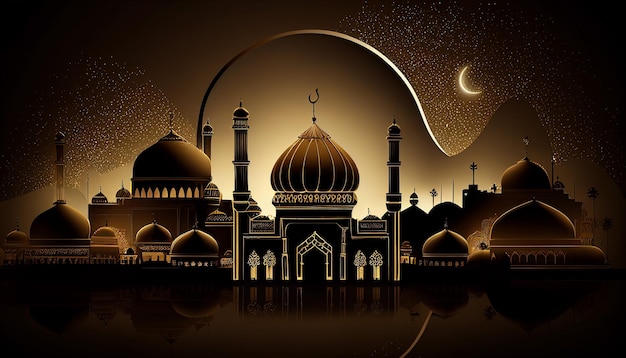 A graphic of a mosque and a crescent moon.