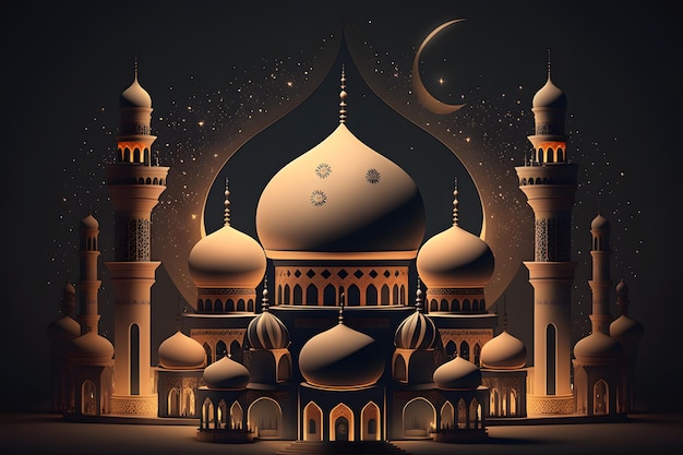 A graphic of a mosque with a moon and stars.