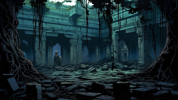 graphic novel illustration deserted thai temple have vines dystopian apocalyptic Generative AI