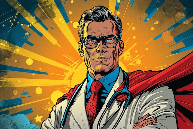 Photo graphic novelstyle depiction of superhero doctor for national doctors day