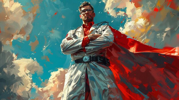 Photo graphic novelstyle depiction of superhero doctor for national doctors day