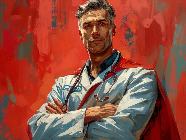 Photo graphic novelstyle depiction of superhero doctor for national doctors day