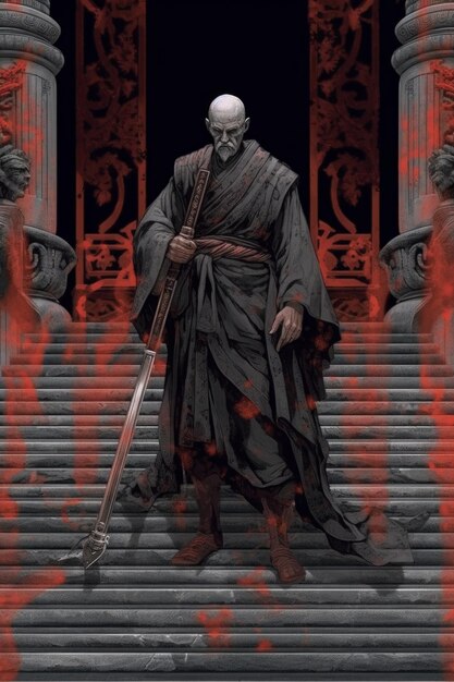 The graphic of an old man holding his sword