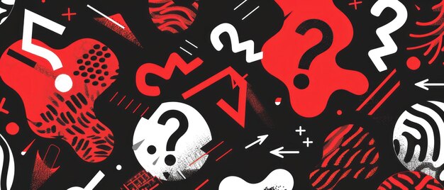 Photo graphic pattern of abstract shapes and question marks in red and black depicting the mystery and process of discovery in science