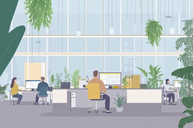 Photo a graphic of people working in an office with a computer and a monitor showing a plant