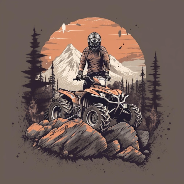 A graphic of a person riding an atv in the mountains.