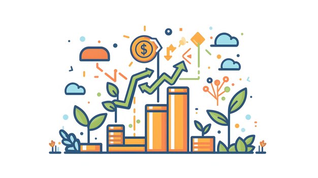 Photo a graphic of a plant with a stack of gold coins and a blue sky with clouds