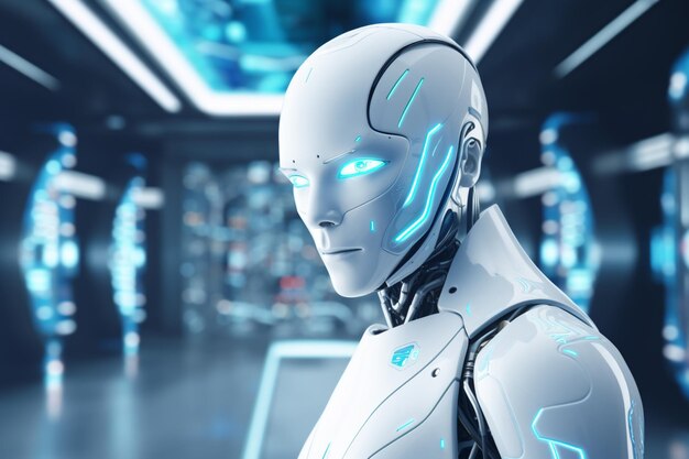 Photo graphic portrayal of a robot in a futuristic setting