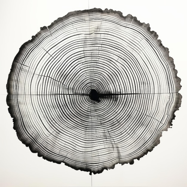 A graphic print of uneven black tree rings wavy space between some rings on white background