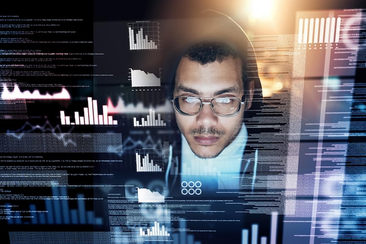 Photo graphic programmer and computer for data in the dark for programming coding or web design night office and a man or hacker with stats overlay for trading information technology or software