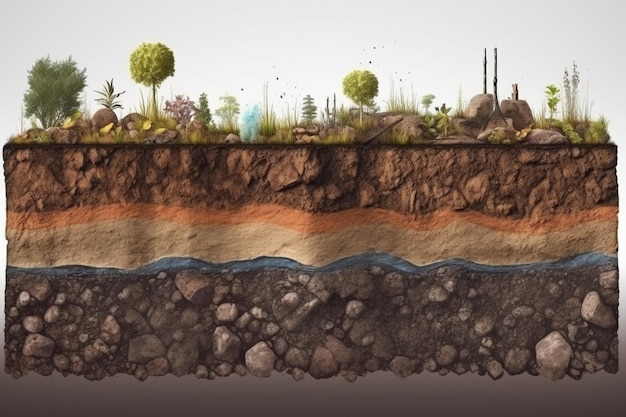 A graphic of a soil with trees and rocks.