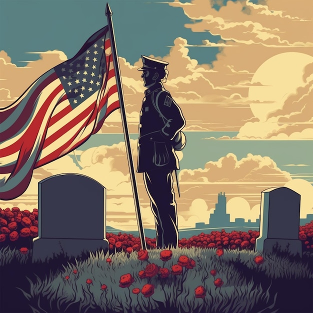 A graphic of a soldier standing in a field with a flag in the foreground.