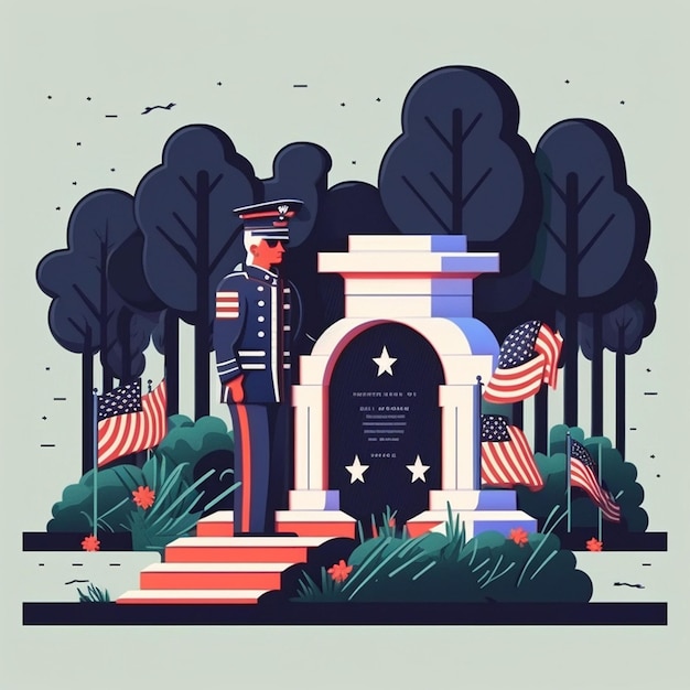 A graphic of a soldier standing in front of a memorial.