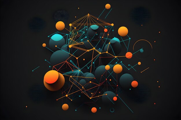 A graphic of a sphere with orange and blue lines and dots.