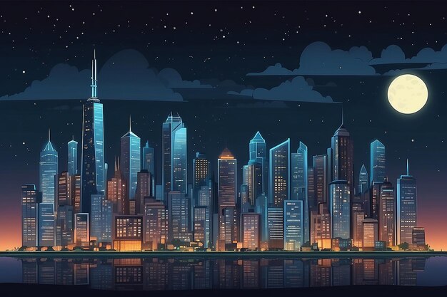 Graphic Style Cartoon Night City Skyline Background