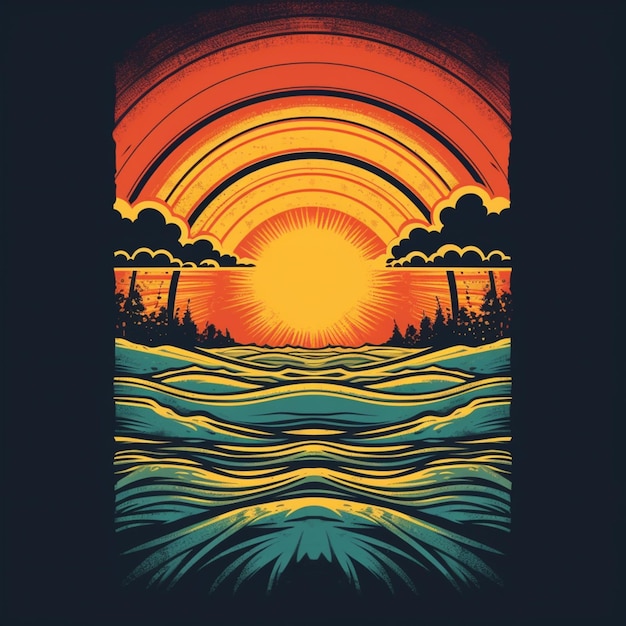 A graphic of a sunset with a lake and trees in the foreground.
