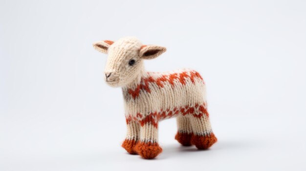 Photo graphic and symmetrical knitted sheep toy with red and tan patina