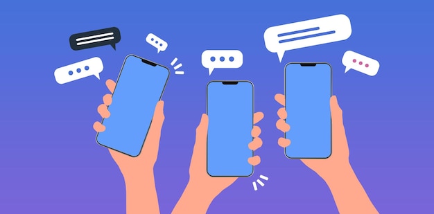 A graphic of three cell phones with one being held up with one being being held up with a chat bubble.