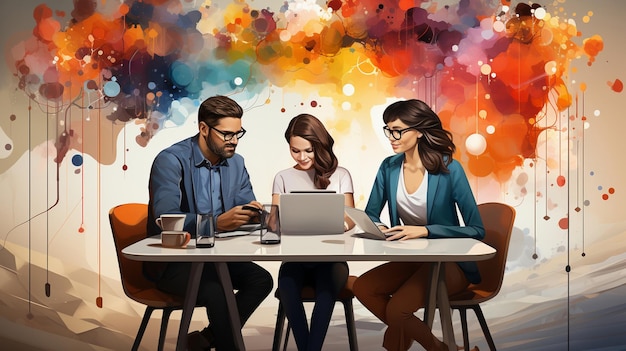 A graphic of three people sitting at a table with a computer screen that says'design