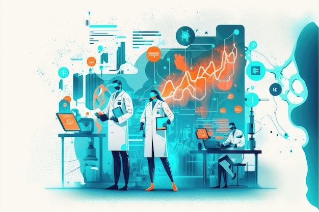 A graphic of three scientists in lab coats and one wearing a mask.