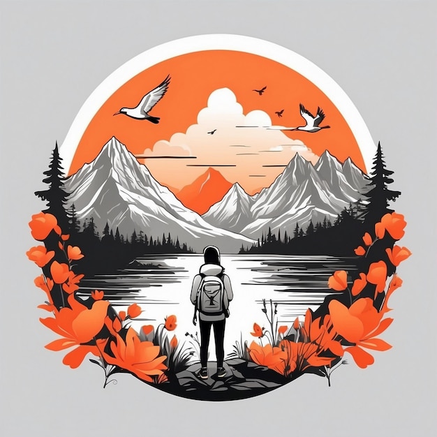 Photo graphic tshirt vector mountain lake emblem logo stilish minimalism