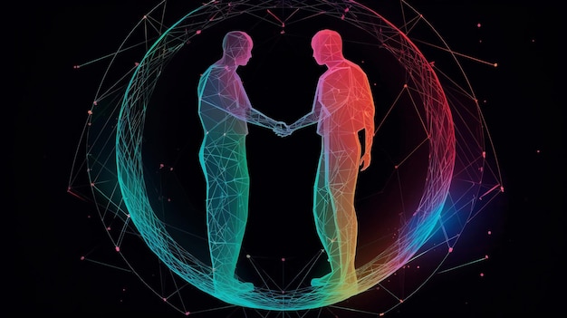 A graphic of two men shaking hands with a black background